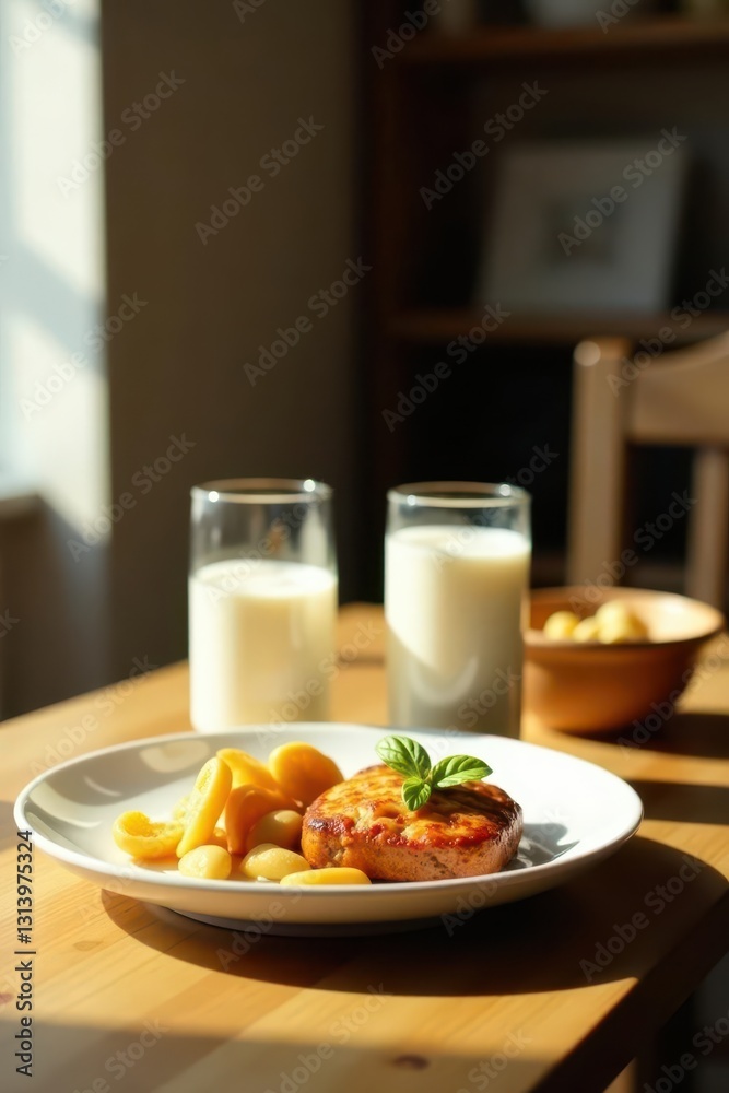 A wooden table holds milk glasses and a plate of food, bathed in soft morning light , food photography, togetherness A wooden table holds milk glasses and a plate of food, bathed in soft morning light , food photography, togetherness