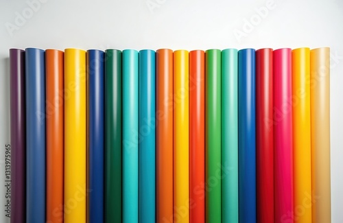 Rainbow colored vinyl car wrapping rolls isolated against white backdrop. Plotter adhesive sticker foil film from pvc material for car wrapping, branding, advertising business plotter cutting