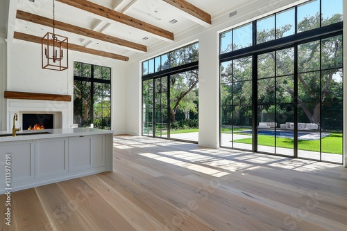 The newly built luxury home features a beautifully designed kitchen  dining room  and living room  equipped with hardwood floors  stairs  a cozy fireplace  a farmhouse sink  and a stylish dining room