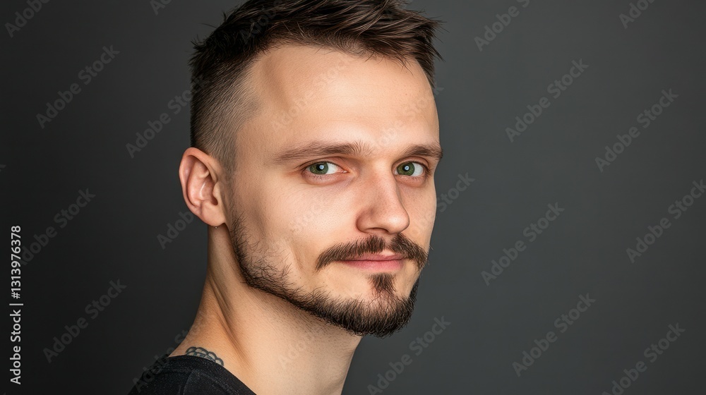 Obraz premium A young man stands confidently, showcasing a well-groomed beard and striking green eyes. He gazes directly at the camera, with a neutral background enhancing his features