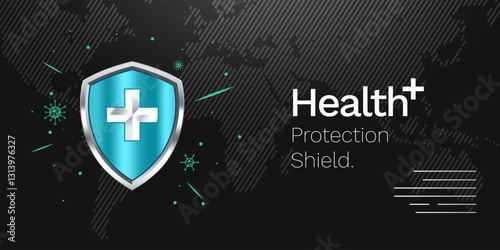 Health protection banner with shield, cross and bacteria cells flying on world map background. Anti virus and bacterial, immune system protect medical poster, Realistic vector illustration