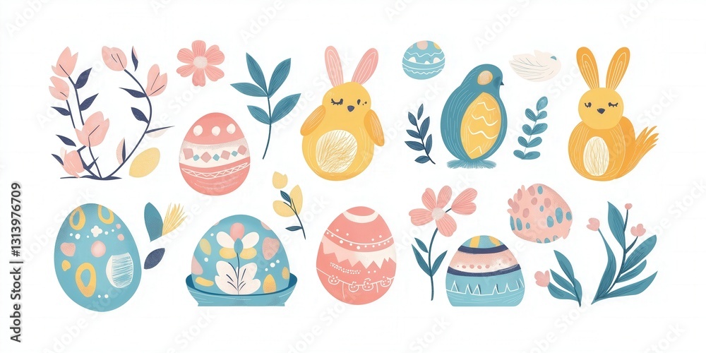 Easter-themed illustration with pastel colors and a mix of floral and animal motifs, suitable for greeting cards or seasonal decorations. Easter-themed illustration with pastel colors and a mix of floral and animal motifs, suitable for greeting cards or seasonal decorations.