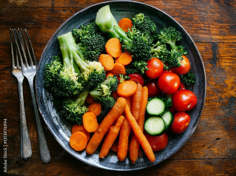 Boiled and steamed vegetables, such as broccoli, carrots, and cauliflower, are ideal for a low-calorie diet, as seen from the side Boiled and steamed vegetables, such as broccoli, carrots, and cauliflower, are ideal for a low-calorie diet, as seen from the side