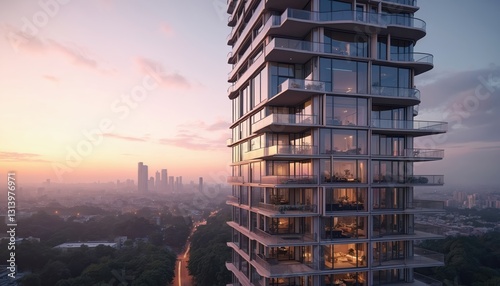 Modern high-rise building exterior with city skyline view at sunset. Residential skyscraper with balconies, glass facade, innovative design. Contemporary architecture in urban landscape, luxury