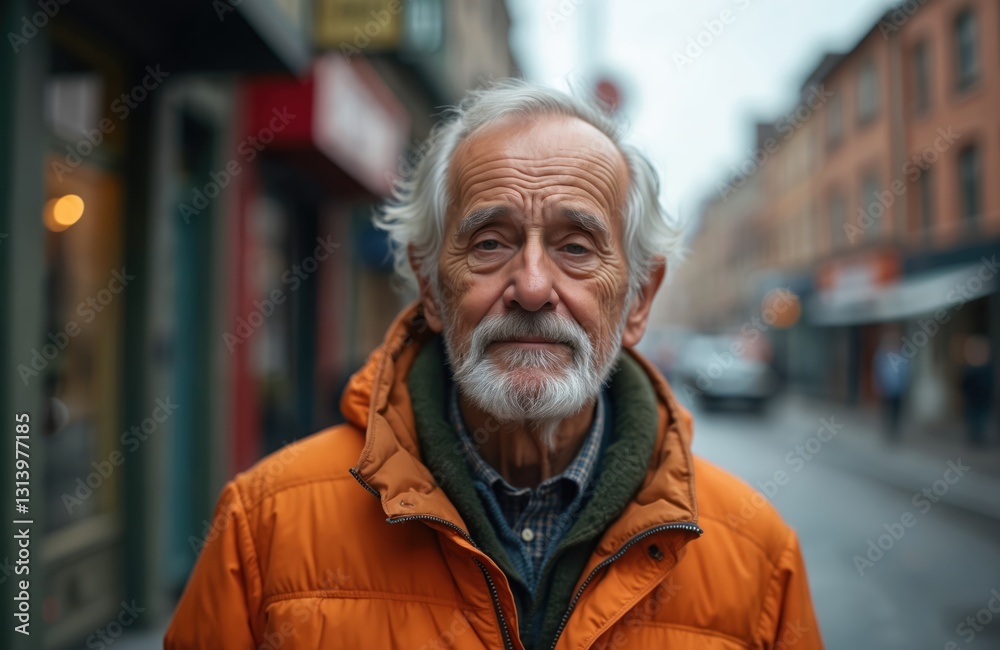 Portrait of senior man with gray beard, mustache wearing orange jacket on city street. Elderly male stands casual in town, looking at camera. Concept of active aging, lifestyle. Portrait of senior man with gray beard, mustache wearing orange jacket on city street. Elderly male stands casual in town, looking at camera. Concept of active aging, lifestyle.