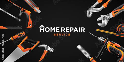 construction concept set all of tools supplies for house repair builder on black background vector illustration