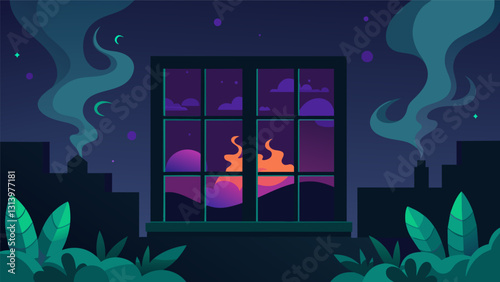 An eerie glow emanating from the windows of the plant at night the smoke adding an otherworldly feel to the scene.. Vector illustration