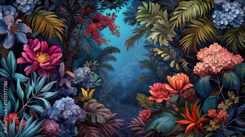 Lush Tropical Jungle with Vibrant Flowers and Lush Green Foliage