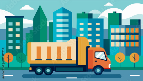 In a bustling city a large truck expertly maneuvered down narrow streets delivering home heating oil to apartment buildings and highrise complexes.. Vector illustration