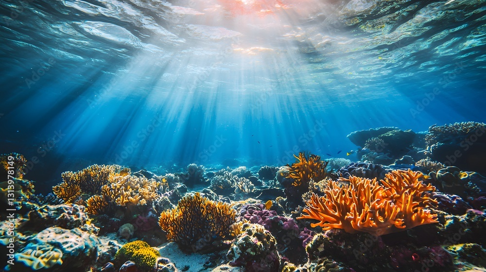 Naklejka premium Vibrant Underwater Scene with Sun Rays Illuminating Colorful Corals