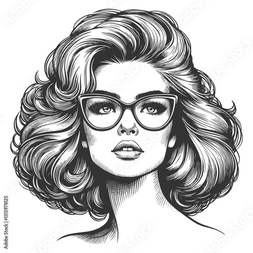 woman with large glasses and voluminous wavy hair, gazing thoughtfully sketch engraving generative ai fictional character vector illustration. Scratch board imitation. Black and white image.