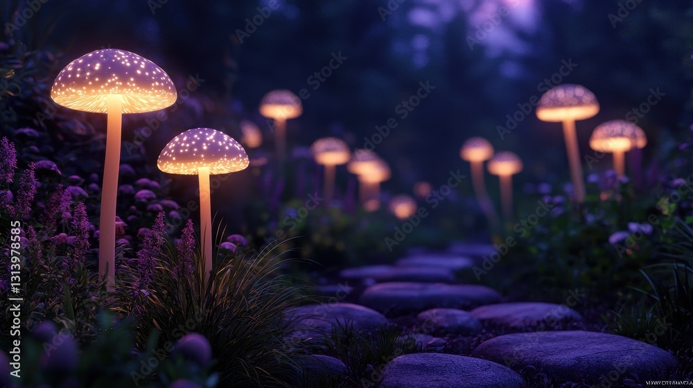 Fototapeta premium Glowing Mushrooms Illuminate Magical Forest Path at Twilight