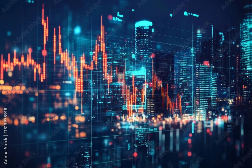 Digital Financial Market Analysis With Abstract Graphs and Cityscape Background at Night Digital Financial Market Analysis With Abstract Graphs and Cityscape Background at Night