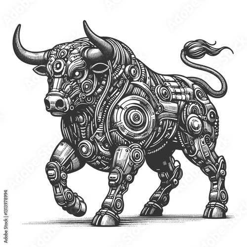 cybernetic bull with mechanical components, gears, and futuristic robotic details in steampunk style sketch engraving generative ai vector illustration. Scratch board imitation. Black and white image.