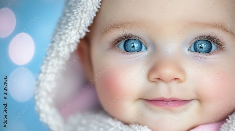 A cheerful baby with sparkling blue eyes smiles happily, dressed in a soft hooded outfit. The background features gentle, out-of-focus lights, creating a cozy atmosphere A cheerful baby with sparkling blue eyes smiles happily, dressed in a soft hooded outfit. The background features gentle, out-of-focus lights, creating a cozy atmosphere