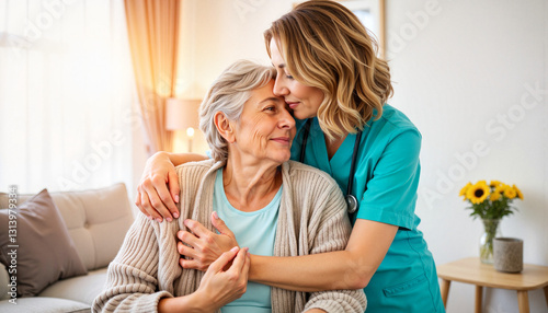Caregiver embracing elderly woman in warm home setting. hospice, day of the elderly, caring for parents, continuity of generations
