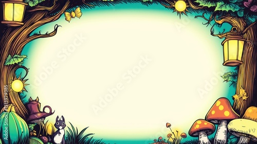 Forest frame squirrel, hat, pumpkin, and mushrooms bordering a path in a whimsical background