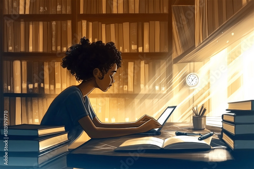 Young girl studying with tablet and books in a dimly lit room, illuminated by warm desk lamp. Modern education meets traditional learning concept with copy space.