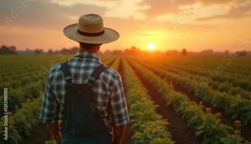 Back view of farmer in straw hat looks at setting sun across agricultural field, end of work day. Crop cultivation, golden sunlight. Rural landscape, sunset serenity and contemplation.