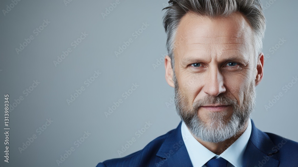 A middle-aged man with a well-groomed beard smiles confidently while wearing a navy blue suit and a crisp shirt. The neutral backdrop emphasizes his professional demeanor A middle-aged man with a well-groomed beard smiles confidently while wearing a navy blue suit and a crisp shirt. The neutral backdrop emphasizes his professional demeanor