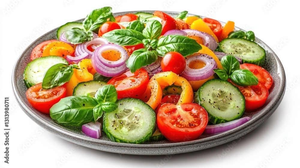 A colorful salad made with sliced cucumbers, cherry tomatoes, red onions, and bell peppers. It is garnished with fresh basil and finished with a light vinaigrette dressing. A colorful salad made with sliced cucumbers, cherry tomatoes, red onions, and bell peppers. It is garnished with fresh basil and finished with a light vinaigrette dressing.