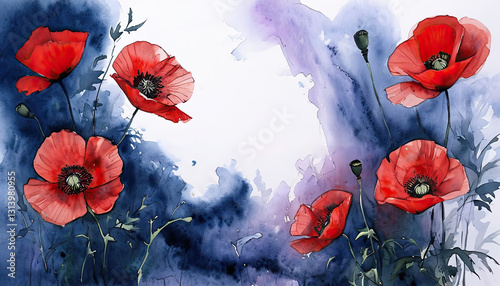 Indigo Watercolor Background With Striking Red Poppies , for Remembrance Day, Memorial Day, Anzac Day, Copy space