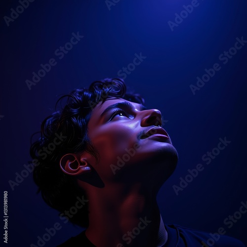 Person gazing upwards with wonder against indigo lighting, curiosity