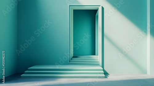 Modern minimalist interior featuring a turquoise doorway and steps  with soft lighting enhancing depth