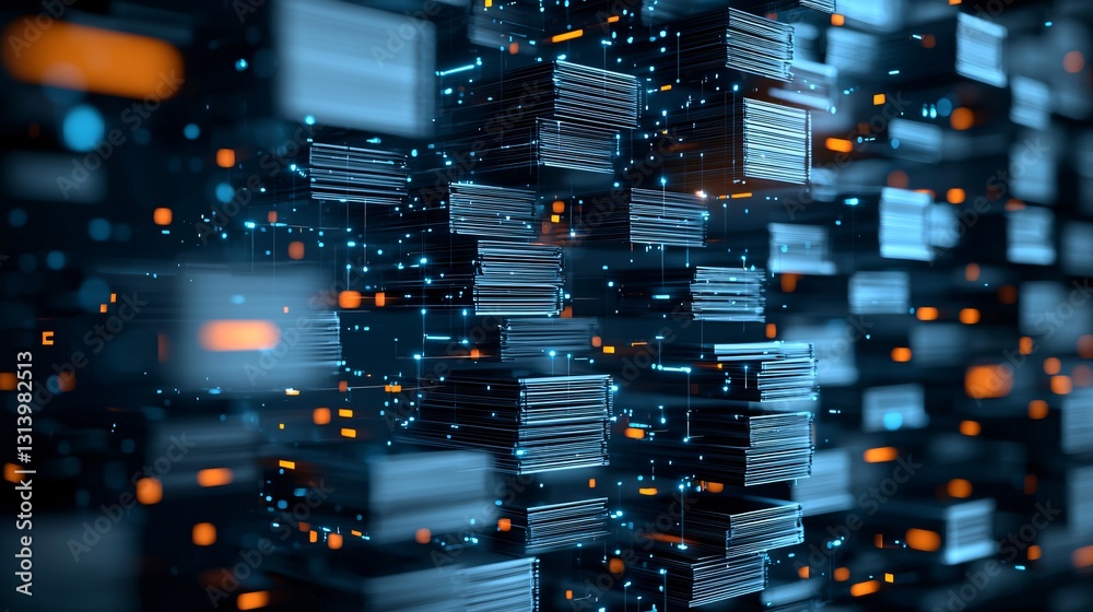 Obraz premium information documentation process, digital archives, organized data grids, 3D document stacks, glowing elements, ultra-modern filing system, clean and precise imagery, muted tones with highlights,