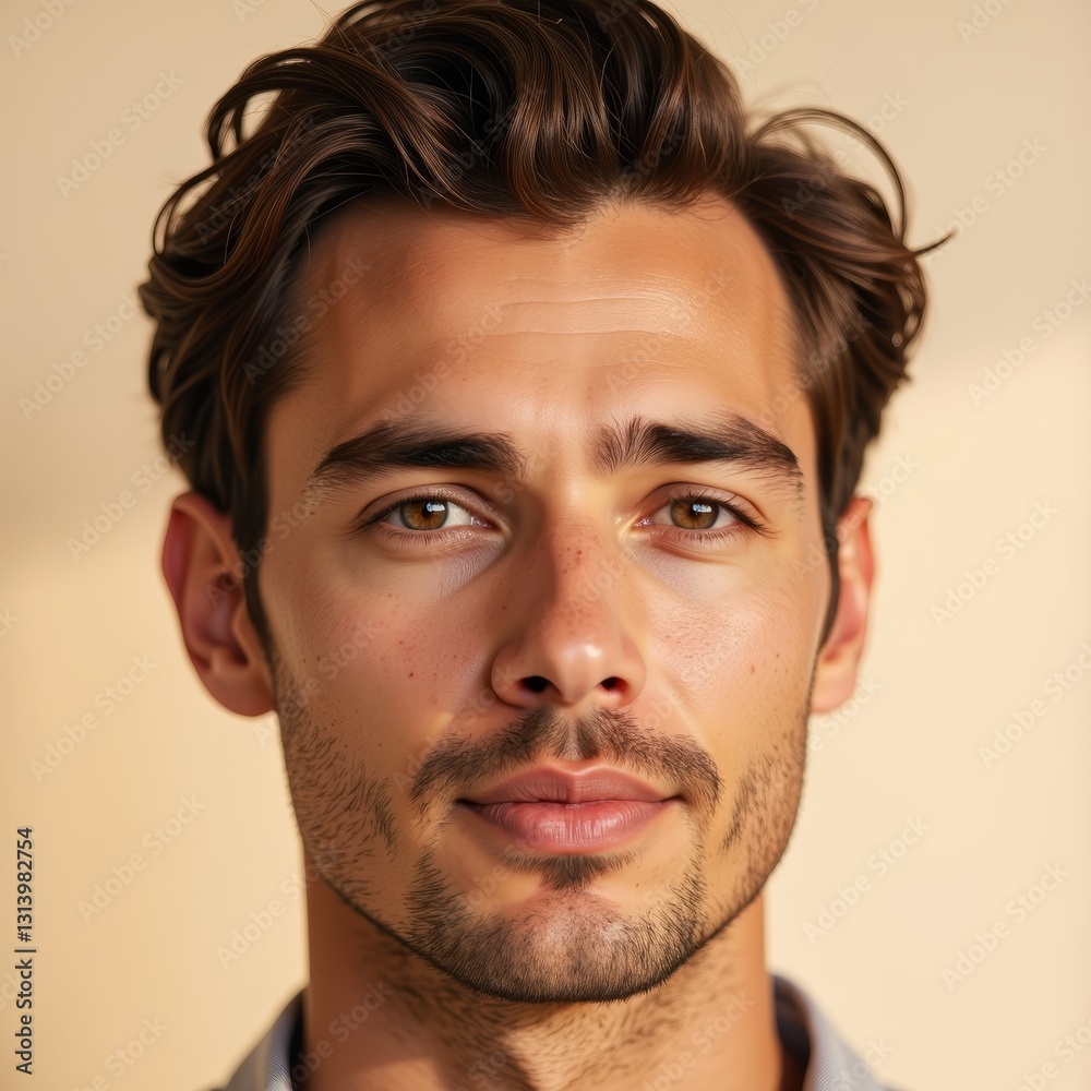 Fototapeta premium Calm man with soft expression against cream background, inner peace