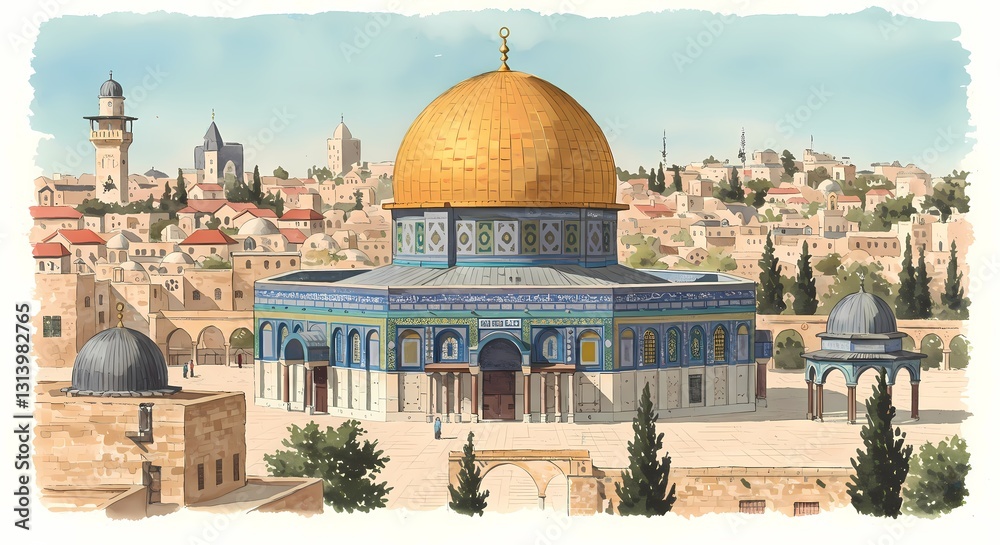 Fototapeta premium Watercolor Painting of the Dome of the Rock in Jerusalem