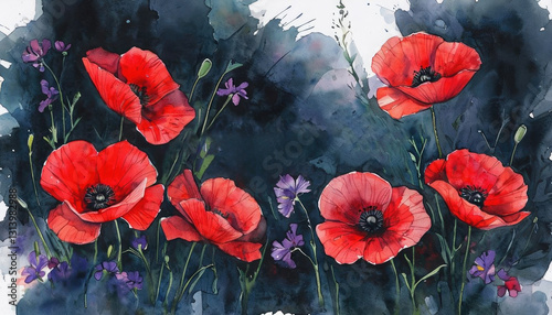 Indigo Watercolor Background With Striking Red Poppies, Illustration for Remembrance Day, Memorial Day, Anzac Day, Copy space