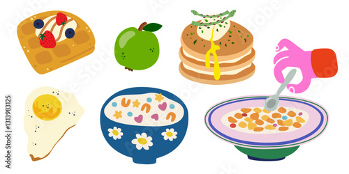 Morning breakfast food retro cartoon set. Cereal milk breakfast in bowl, pancakes, fried egg, waffles with berries. Sweet kids food illustration