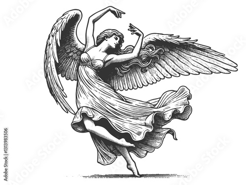 graceful angel with large feathered wings, dancing elegantly in a flowing dress, drawn in an engraved, woodcut style sketch engraving generative ai vector illustration. Scratch board. Black and white. photo