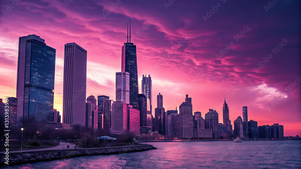 Fototapeta premium A hyper-realistic city skyline at twilight, blending infrared film photography with digital double exposure, surreal yet authentic, deep contrast, striking colors, dreamlike ambiance
