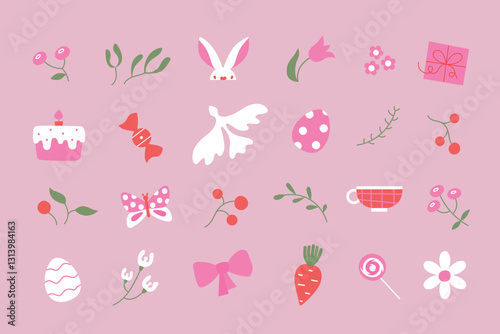 Simple cute pinky Easter elements. Cartoon vector minimallist Easter bread, spring flowers, egg illustrations