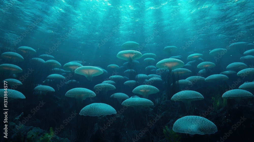 Fototapeta premium Mystical Underwater Scene with Glowing Jellyfish and Sunlight