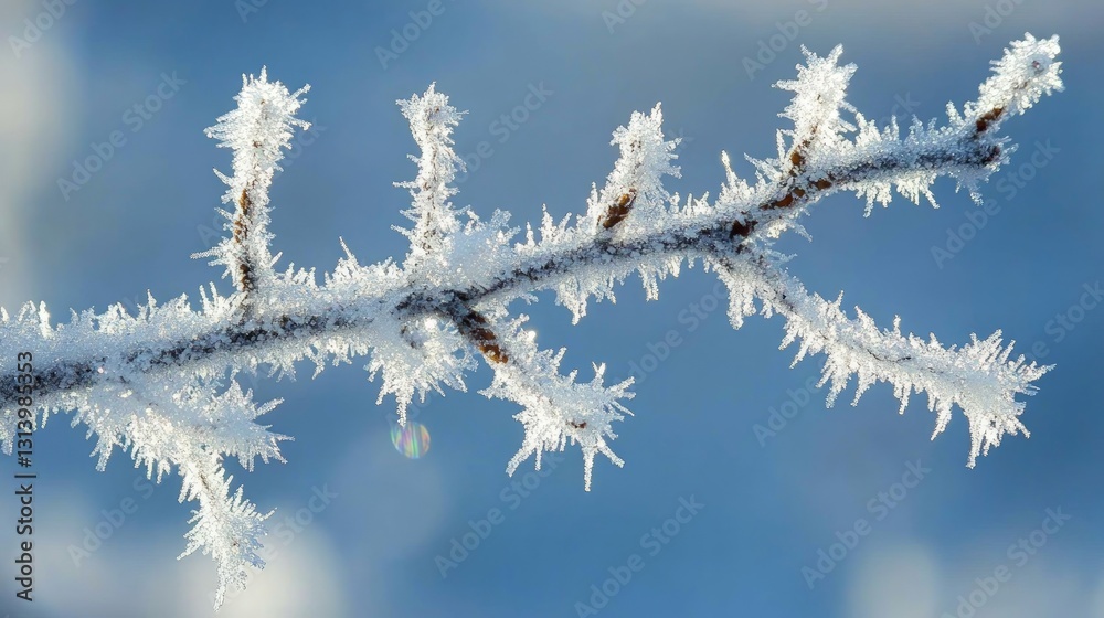 Frosty Branch with Delicate Ice Crystals Against Blue Background Frosty Branch with Delicate Ice Crystals Against Blue Background