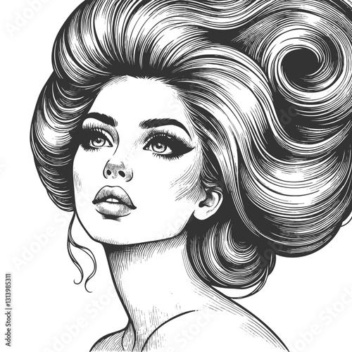woman with an enormous, intricately curled hairstyle, blending surrealism, elegance, and vintage artistic style sketch engraving generative ai vector illustration. Scratch board. Black and white image