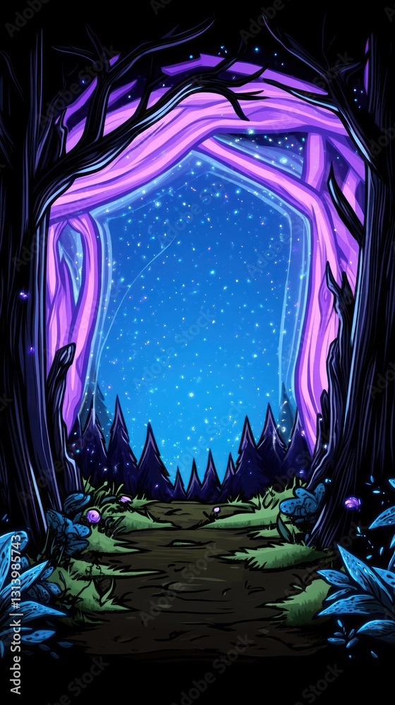 Fototapeta premium Forest path to glowing portal. Dark trees, plants & sky background