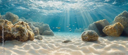 Fish swim over sandy ocean floor, sun rays penetrate water, rocks abound