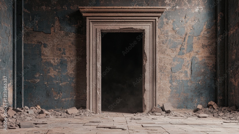 Abandoned Room with Open Doorway and Crumbling Walls and Floor Abandoned Room with Open Doorway and Crumbling Walls and Floor