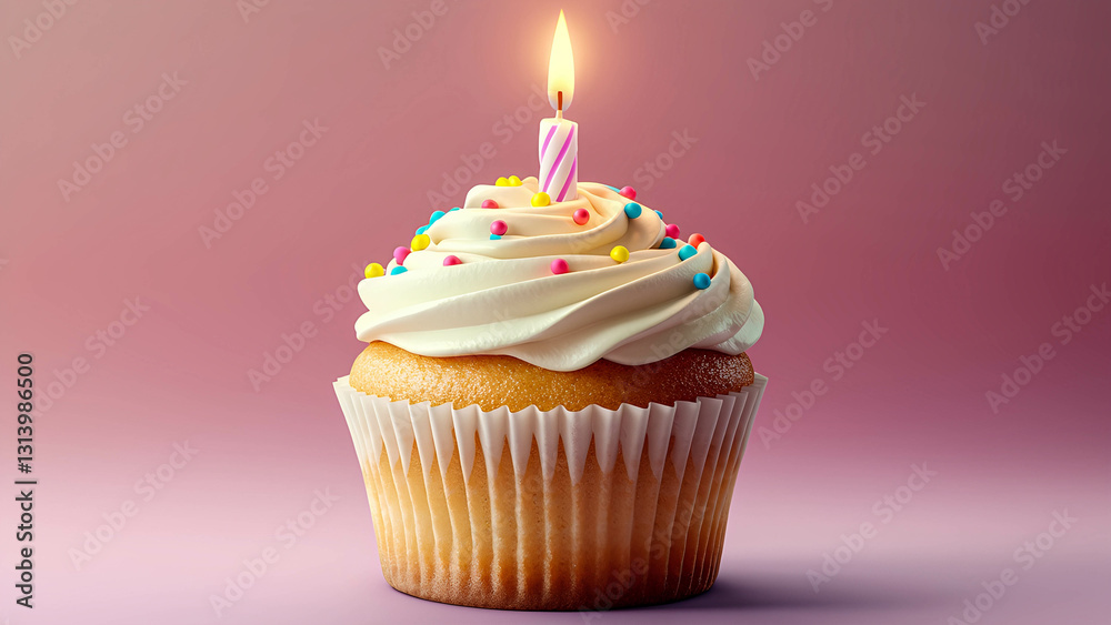 A realistic birthday cupcake with vanilla frosting A realistic birthday cupcake with vanilla frosting