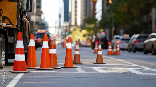 Urban Road Safety: Traffic Cones Guiding City Transportation photo