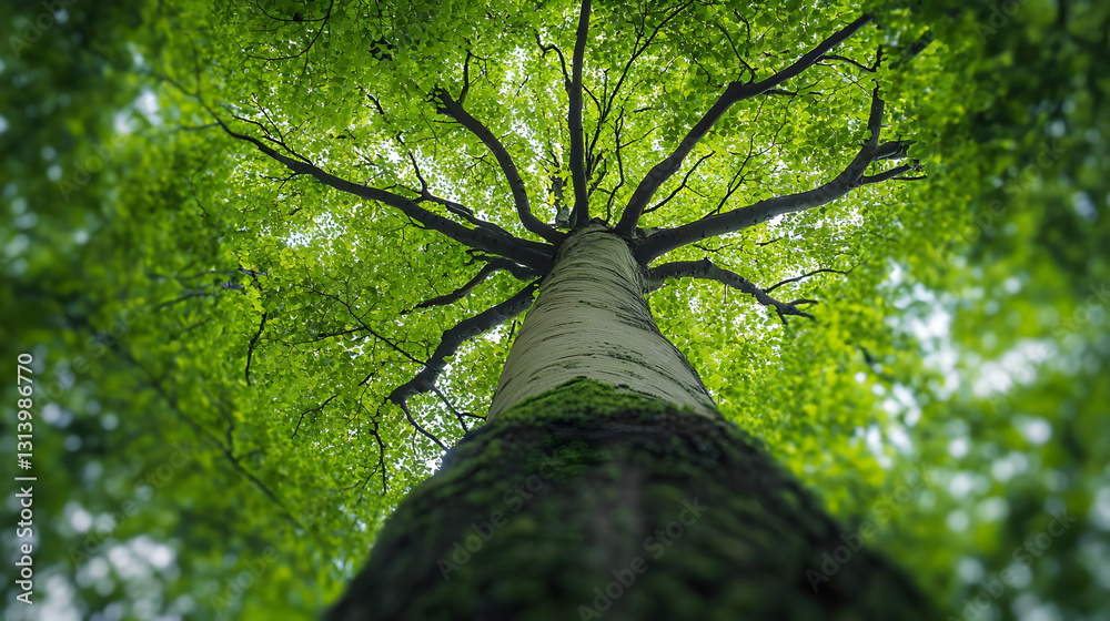 Obraz premium Majestic Tree Canopy With Lush Green Leaves In Spring Sunlight From Low Angle Perspective