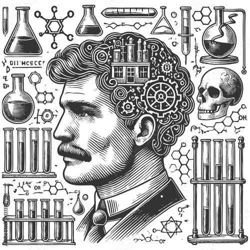 man profile with gears, a building, scientific tools, atoms, and laboratory equipment, knowledge and innovation sketch engraving generative ai vector illustration. Scratch board. Black and white.