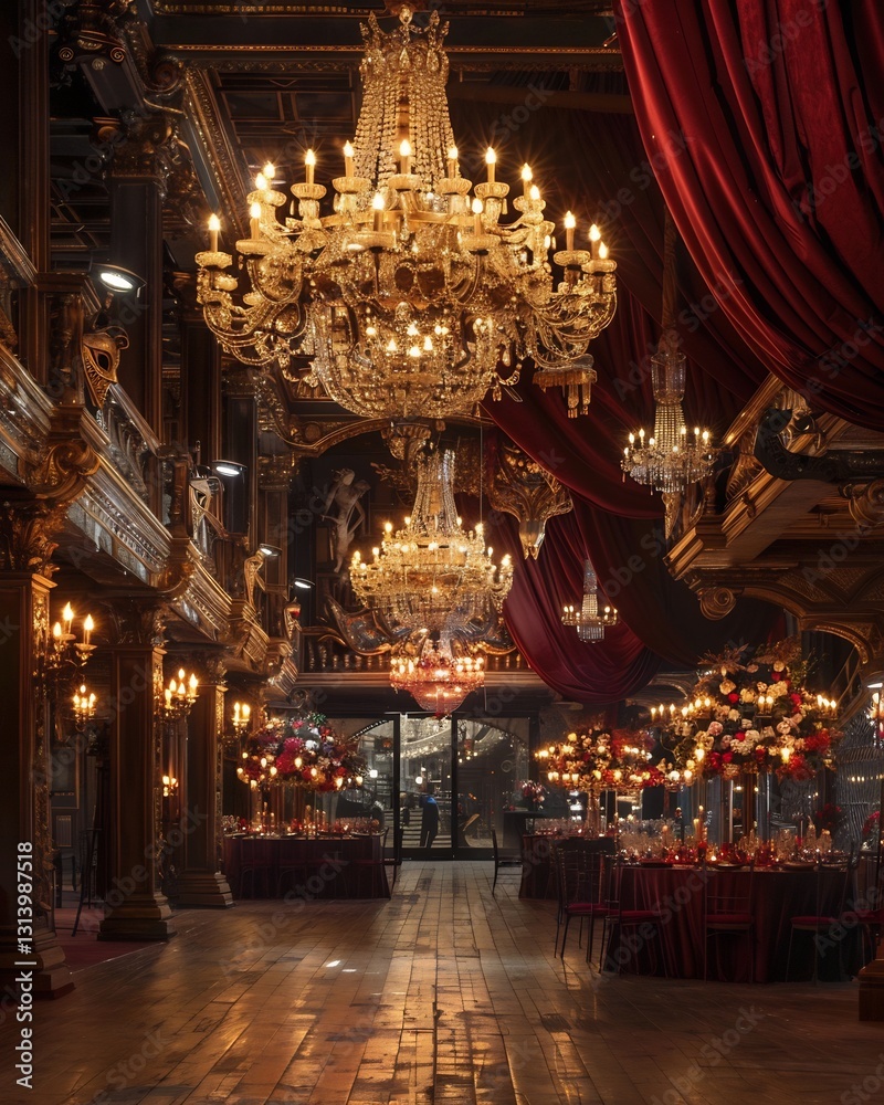 Obraz premium High resolution photo of Italian masquerade ball venue with grand chandeliers intricate Venetian masks as centerpieces and deep red velvet drapery