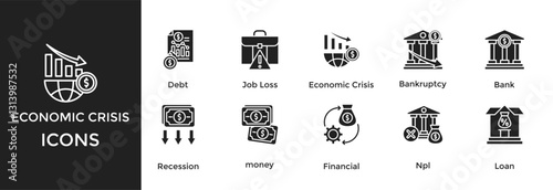 economic crisis icon set. with icon Debt, Job Loss, Bankruptcy, Bank, Recession