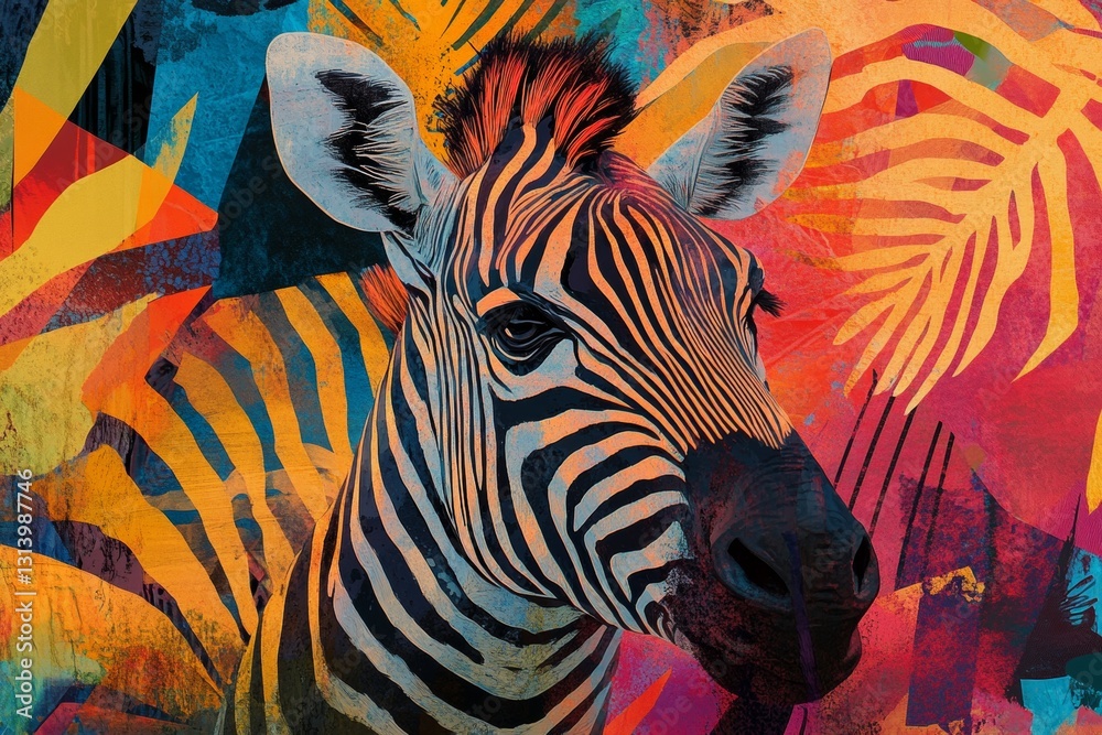 Φωτογραφία Captivating portrait of a zebra set against a vibrant, abstract background