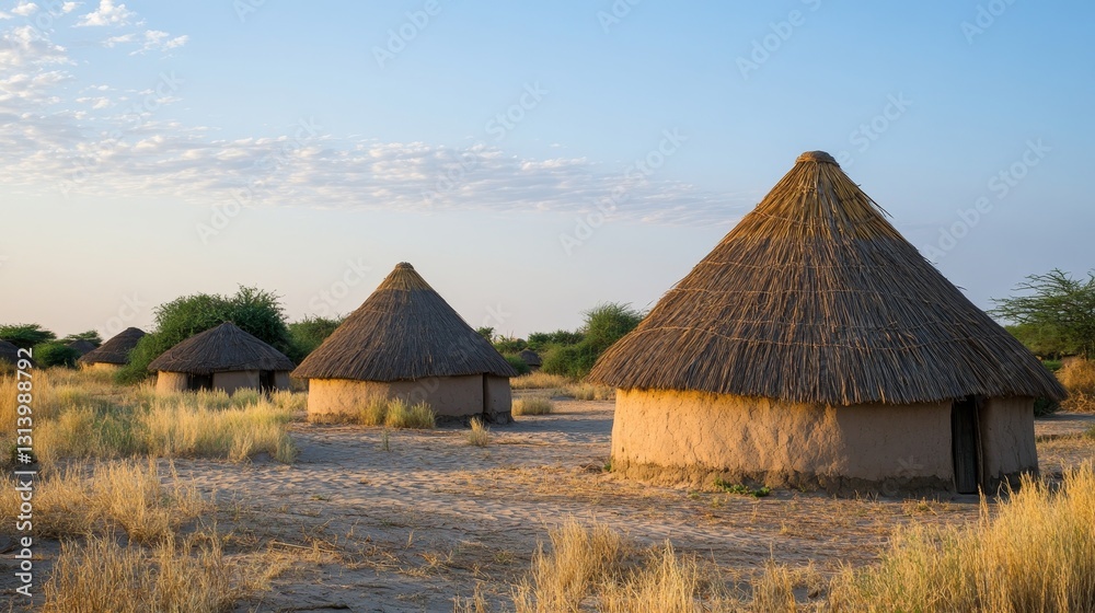 Picturesque Thatched Huts in Rural Village: A Glimpse into Traditional African Architecture and Countryside Living Under a Clear Sky Picturesque Thatched Huts in Rural Village: A Glimpse into Traditional African Architecture and Countryside Living Under a Clear Sky